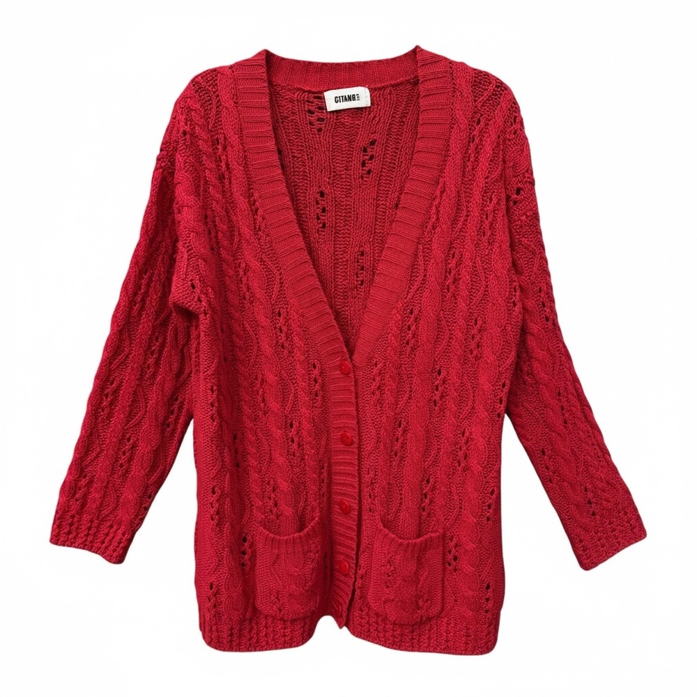 Vintage 80s Gitano Red Cable Knit Cardigan Sweater Cozy Grandmacore Cabincore 💜